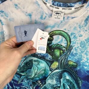 SPICY TUNA Coastal Outfitters Mens L/S Graphic T Shirt Sea Anchor Fish Blue S